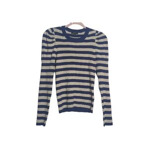 J. Crew Small Navy and Cream Striped Puff Shoulder Long Sleeve Knit Top Preppy
